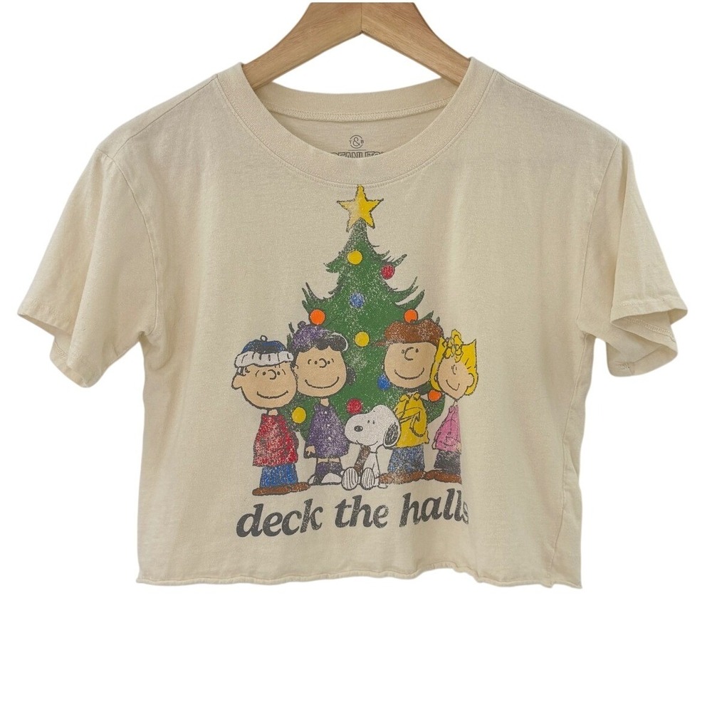 Peanuts Christmas Tree Cropped Shirt Kids Size L Cream Deck the Halls DIY